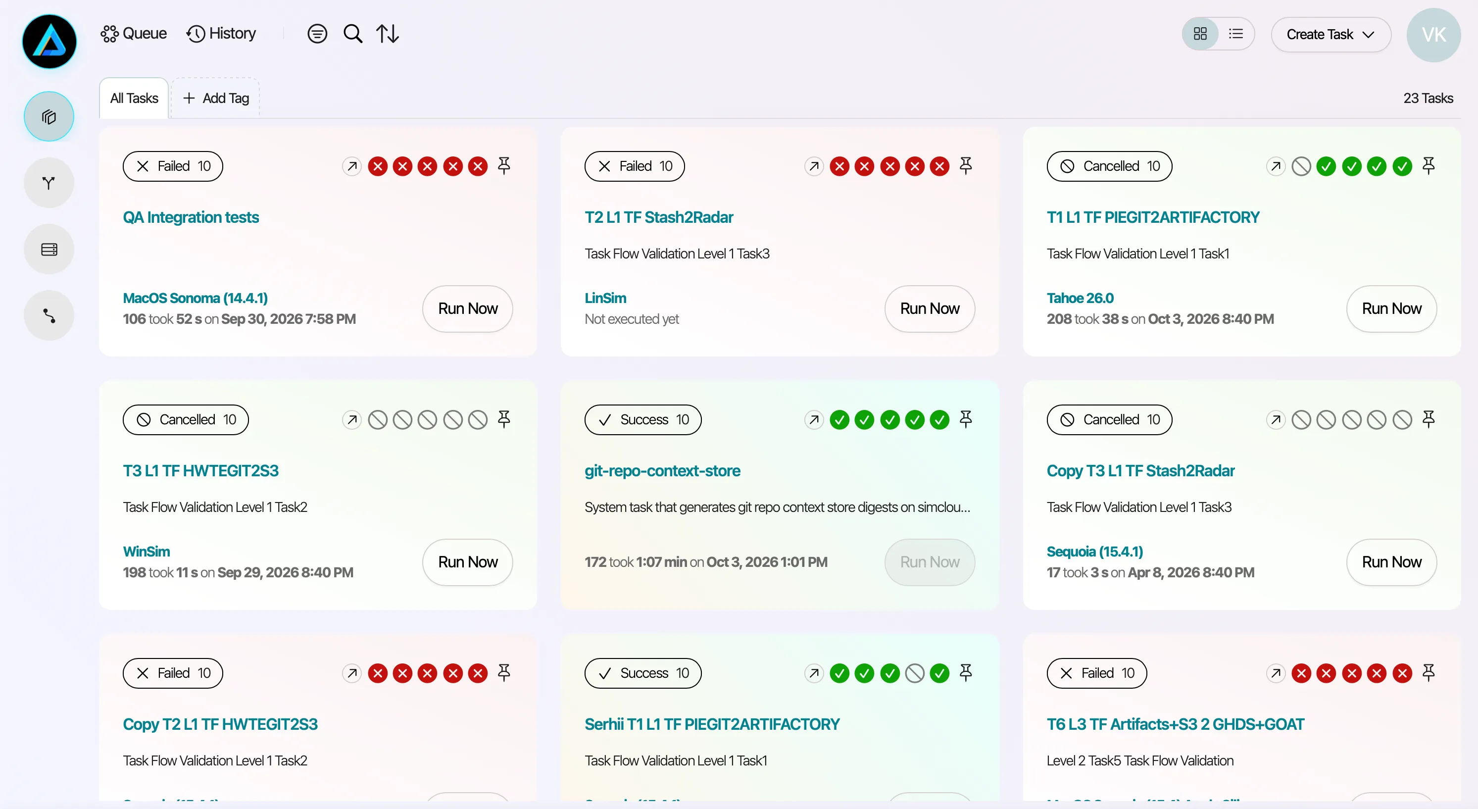 Topaz Delta task dashboard with run status history for each test task